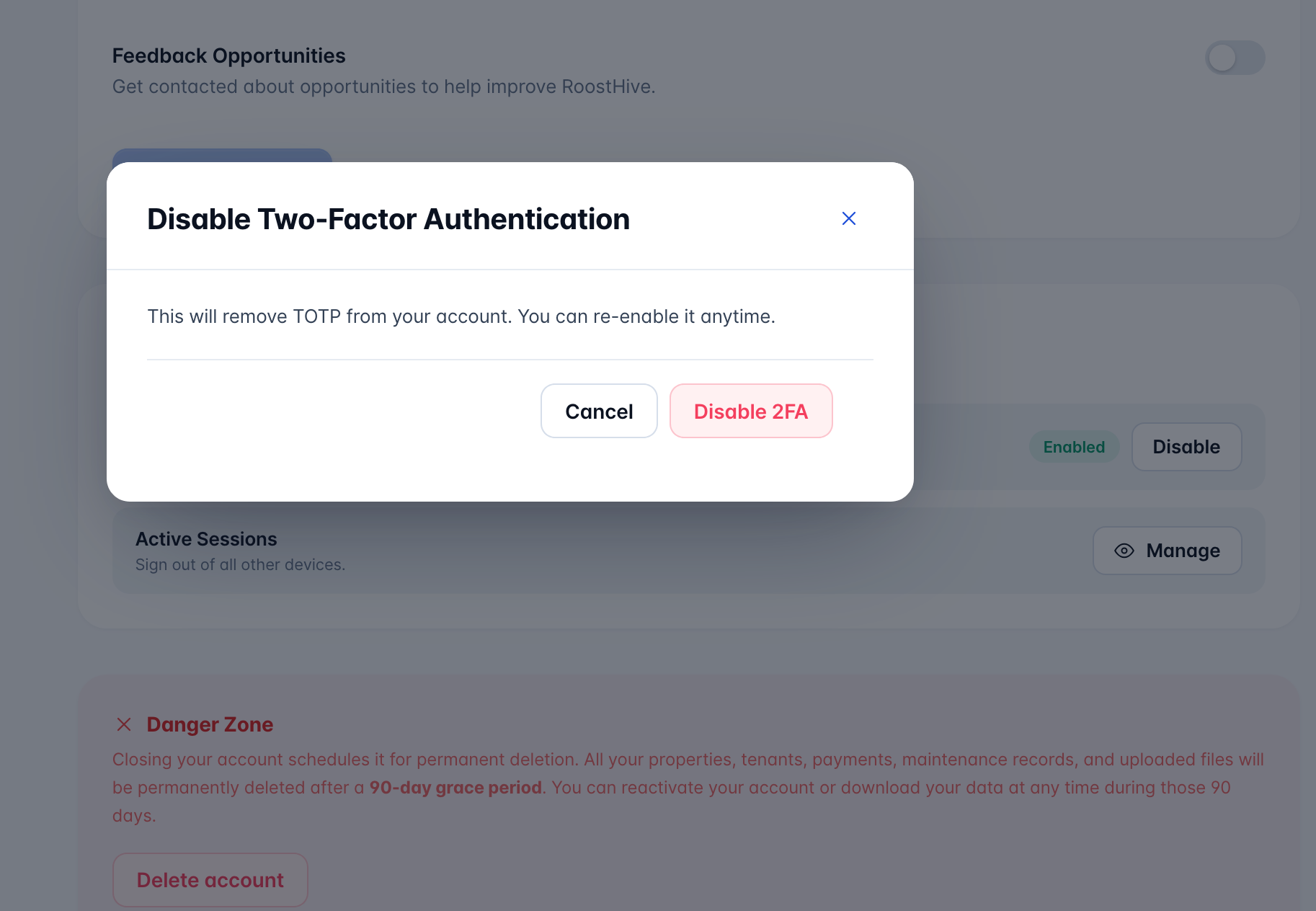 The Disable Two-Factor Authentication confirmation dialog with a Disable 2FA button.