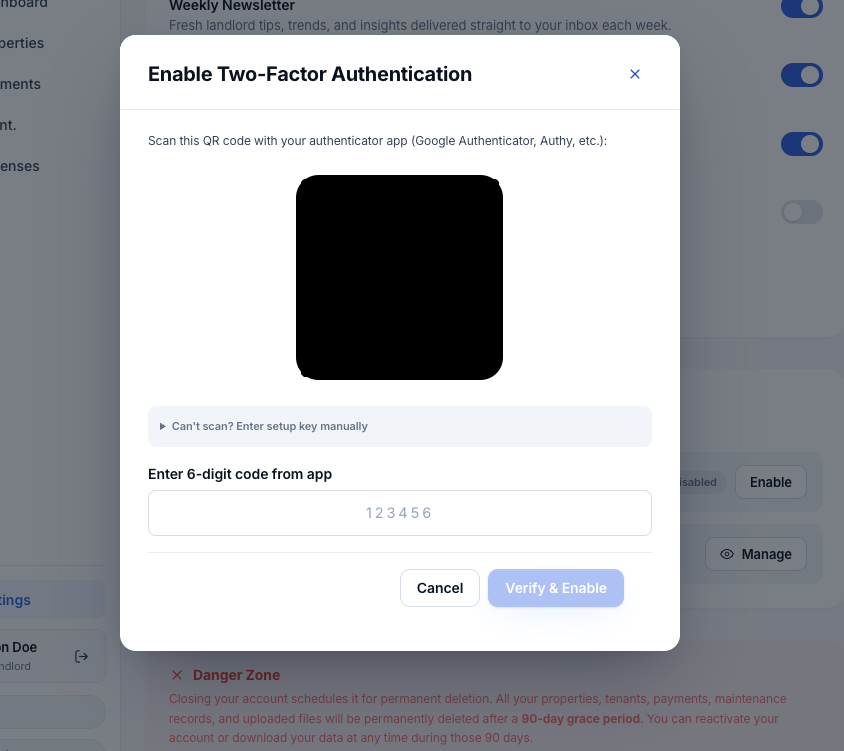 The 2FA modal showing the QR code and the 6-digit code entry field.