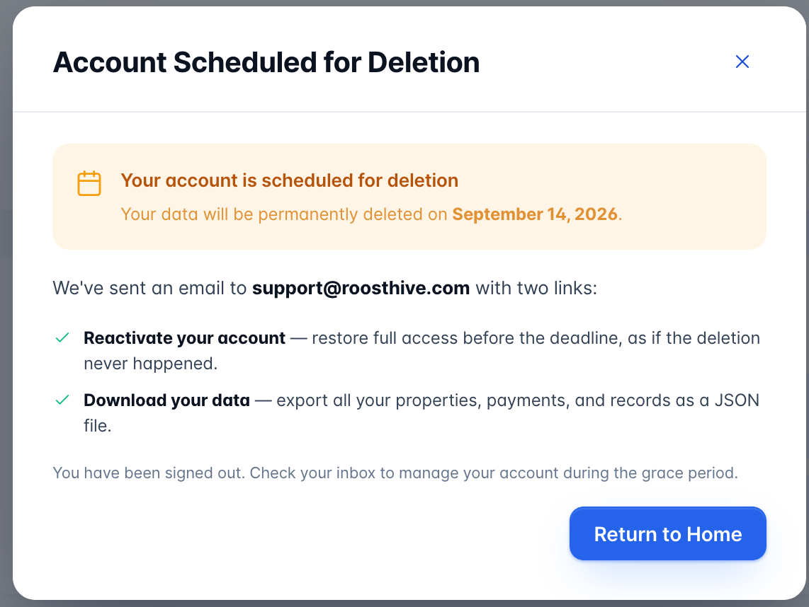 The Account Scheduled for Deletion confirmation, showing the permanent-deletion date and Reactivate / Download links.
