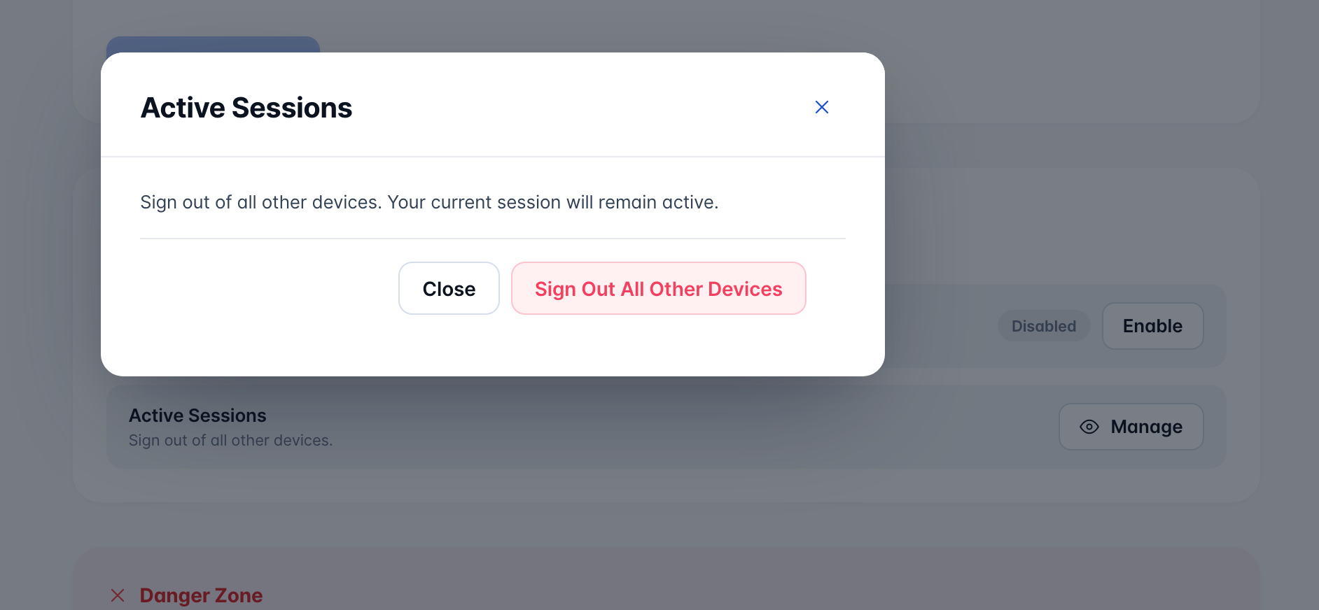 The Active Sessions dialog with a Sign Out All Other Devices button.