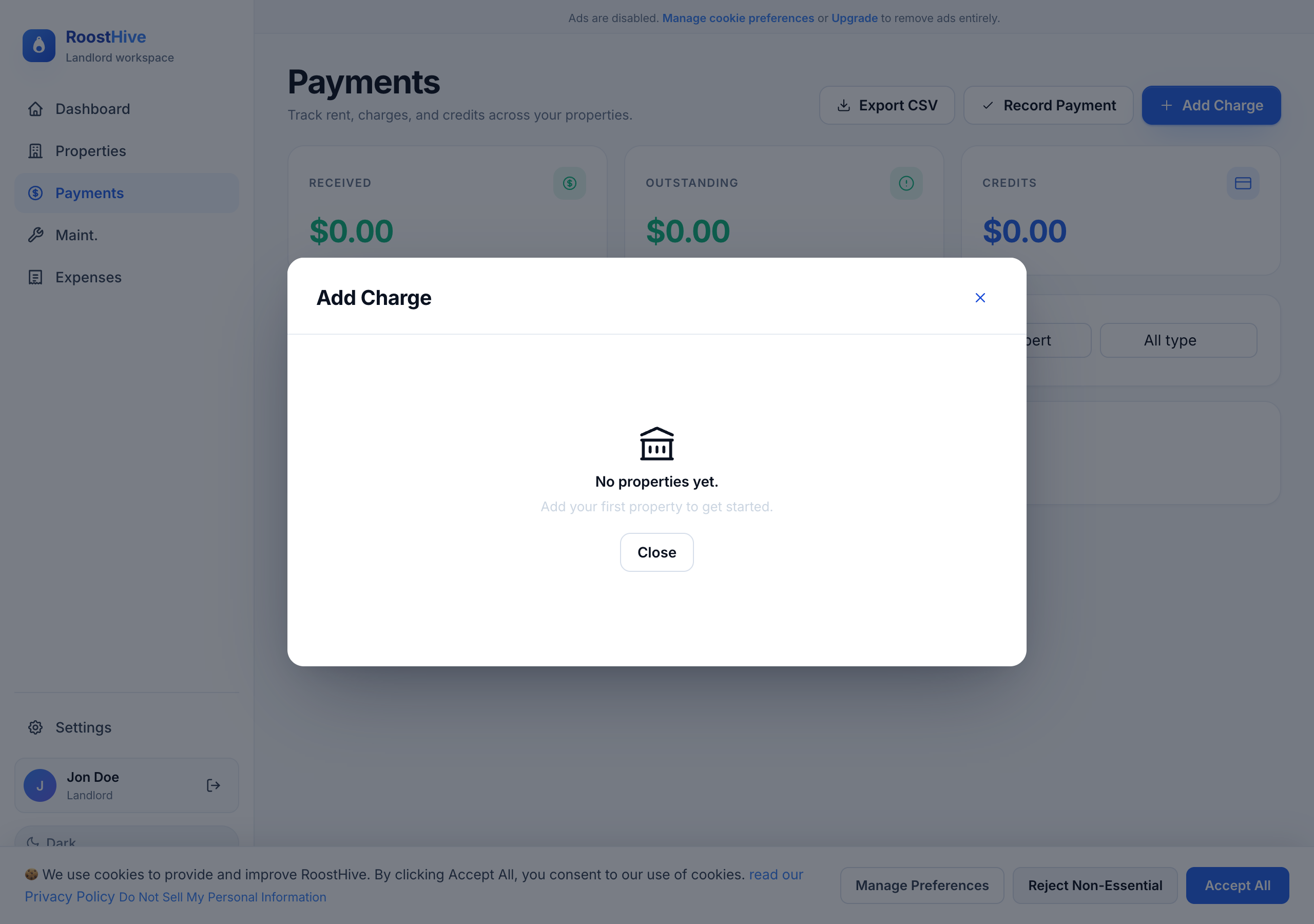 The Add Charge form, where you record what a tenant owes.