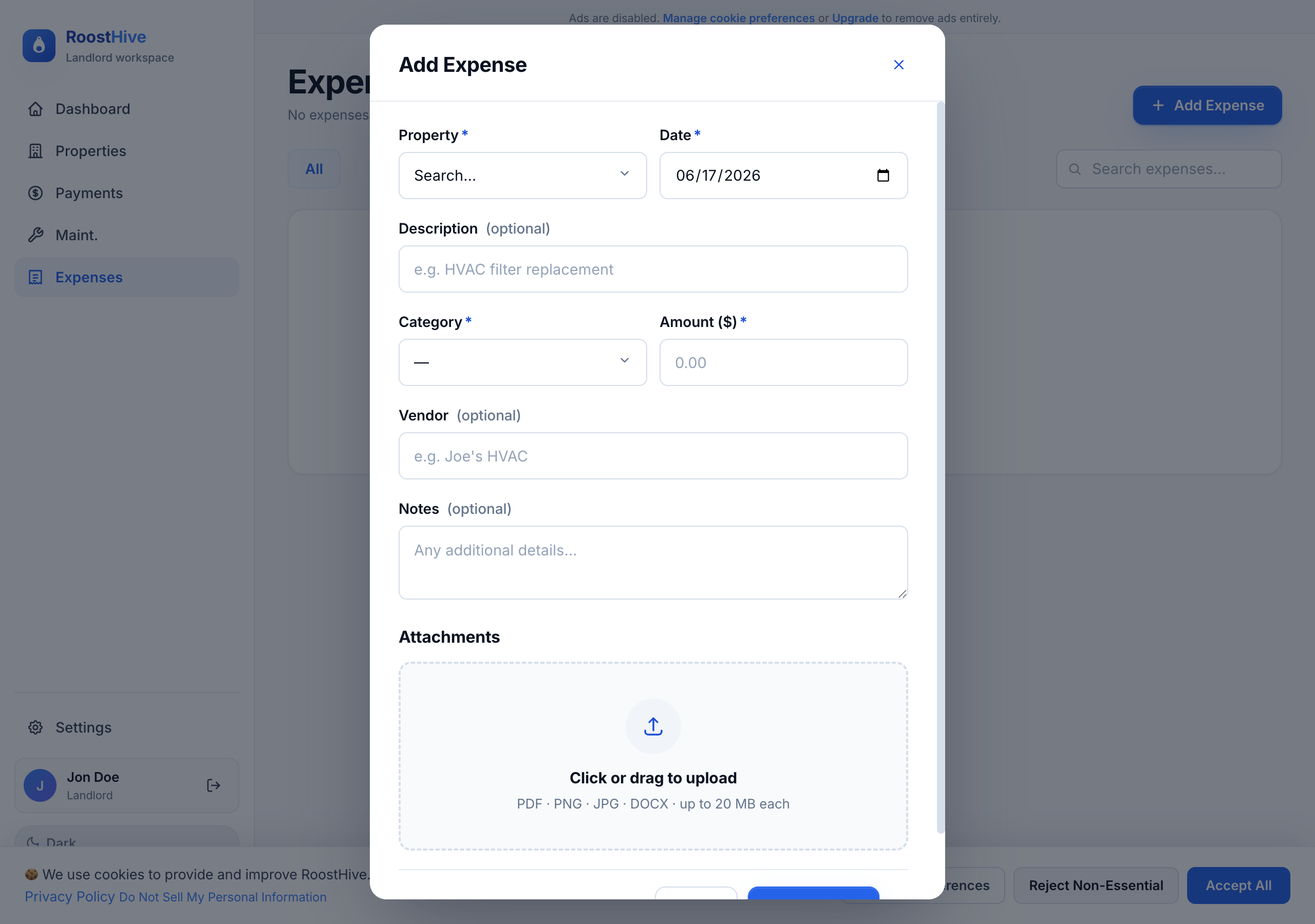 The Add Expense form, where you record a cost against a property and category.