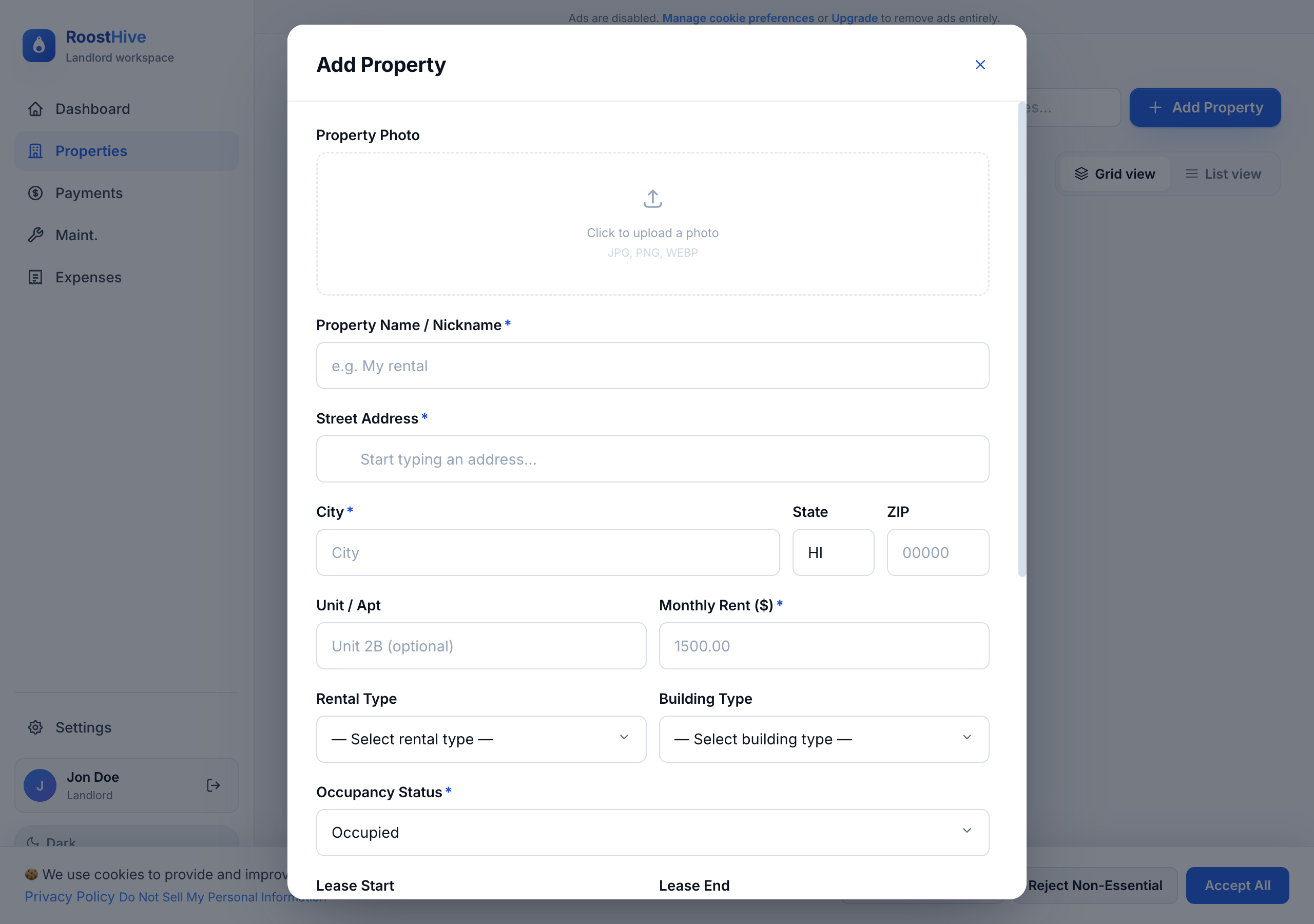 The Add Property form, where you enter the name, address, rent, and lease details.