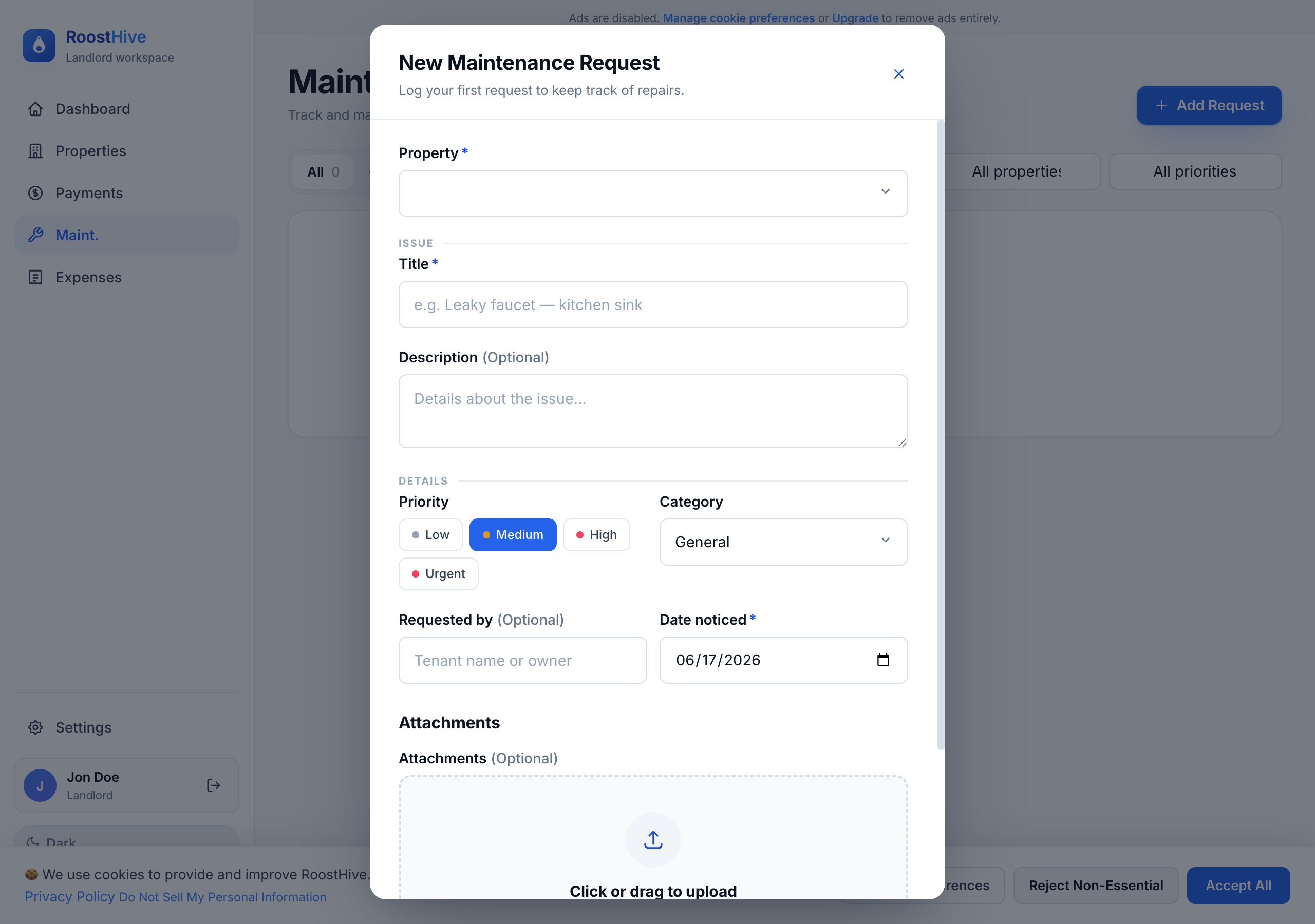 The New Maintenance Request form, where you log the issue and its details.