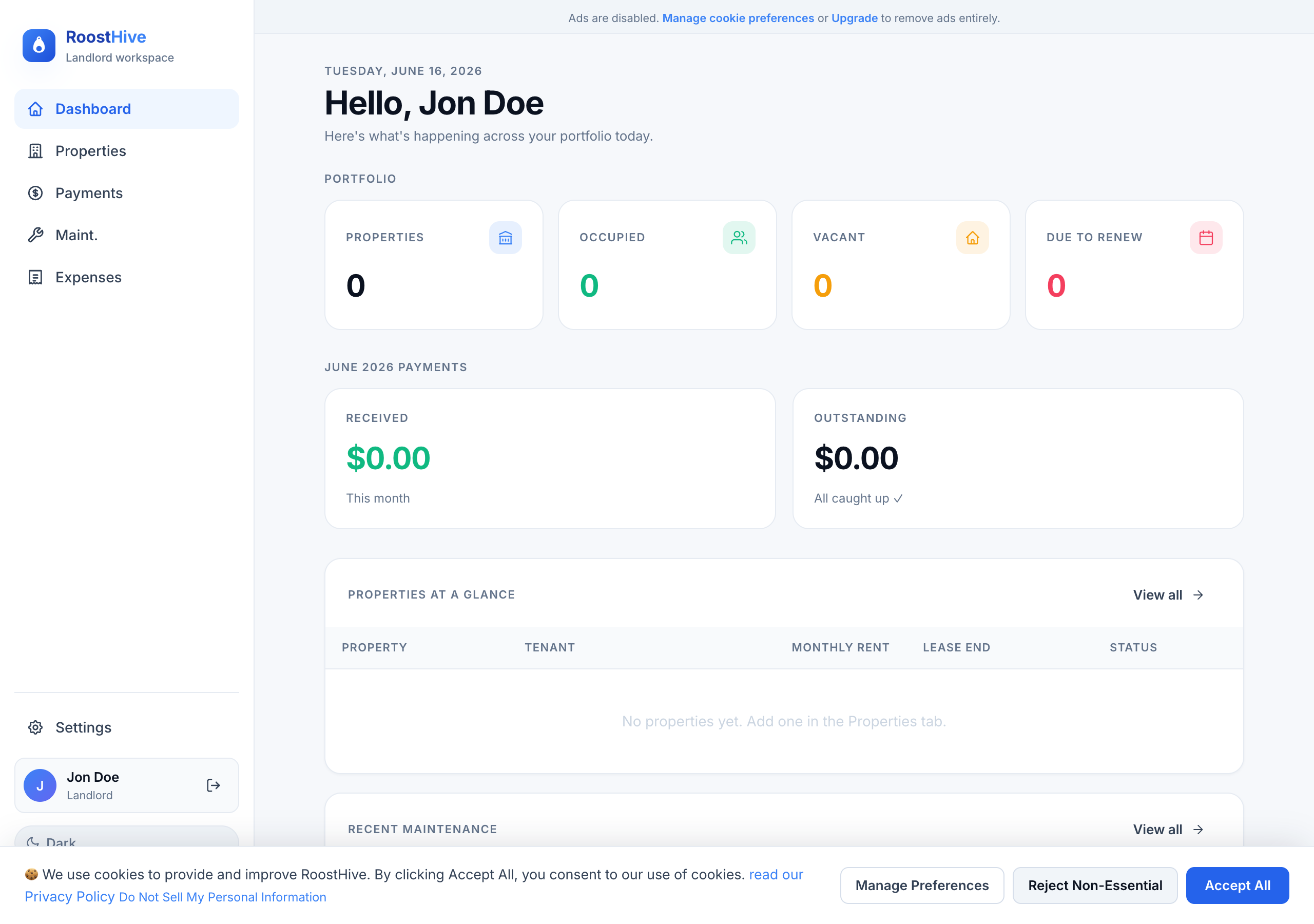 The RoostHive Dashboard showing portfolio totals.