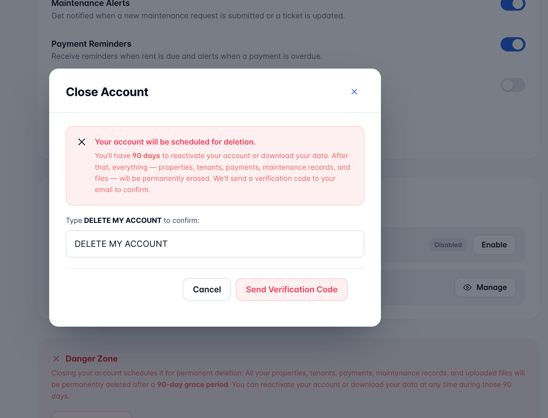 The Close Account dialog asking you to type DELETE MY ACCOUNT before sending a verification code.