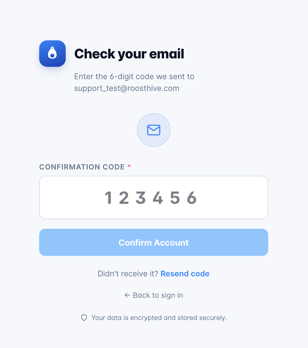 The 'Check your email' confirmation-code screen with a 6-digit code field and Confirm Account button.