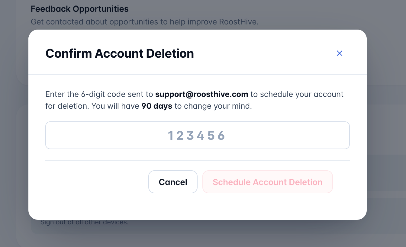 The Confirm Account Deletion dialog with a 6-digit code field and a Schedule Account Deletion button.