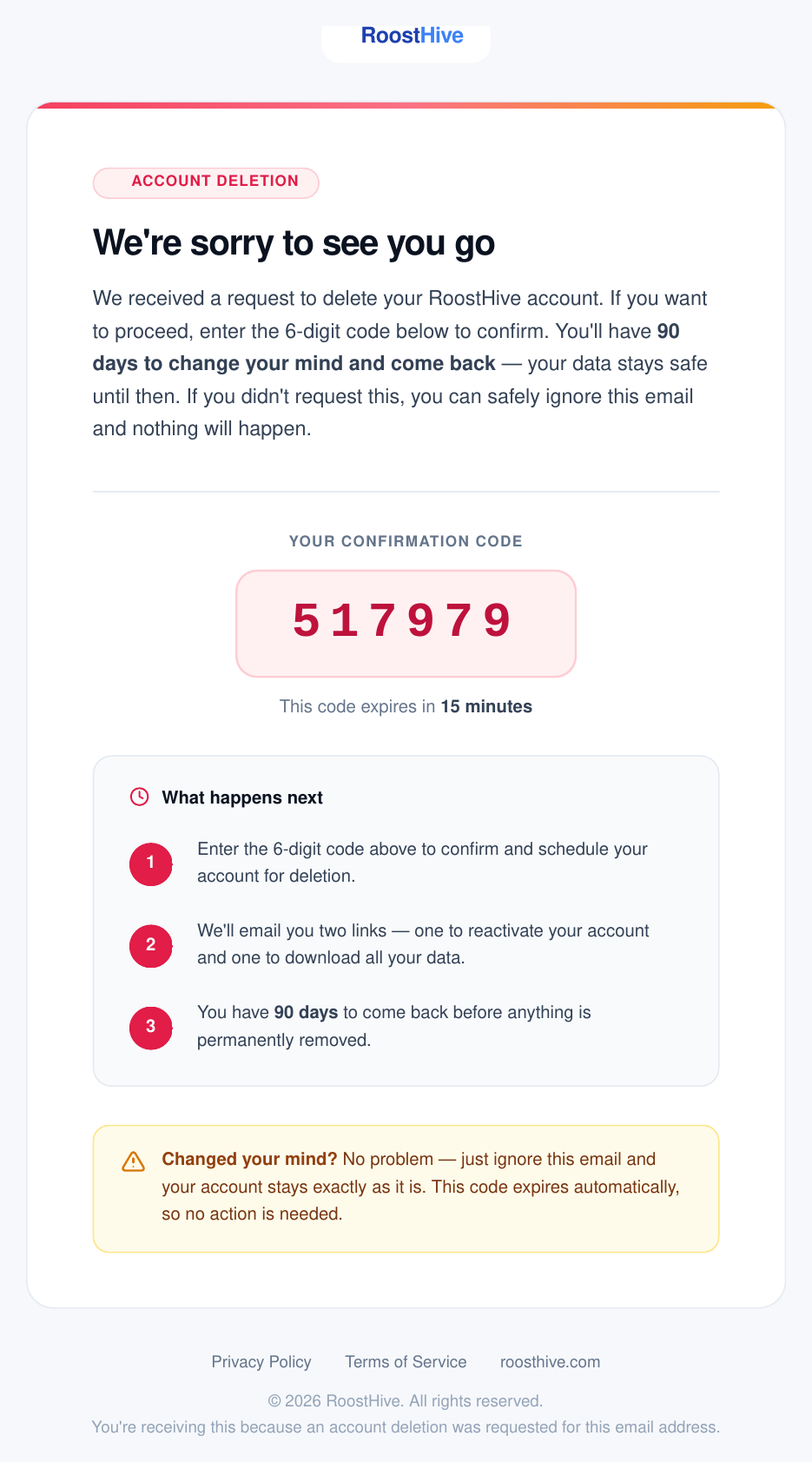 The 'Confirm your RoostHive account deletion' email containing the 6-digit confirmation code.