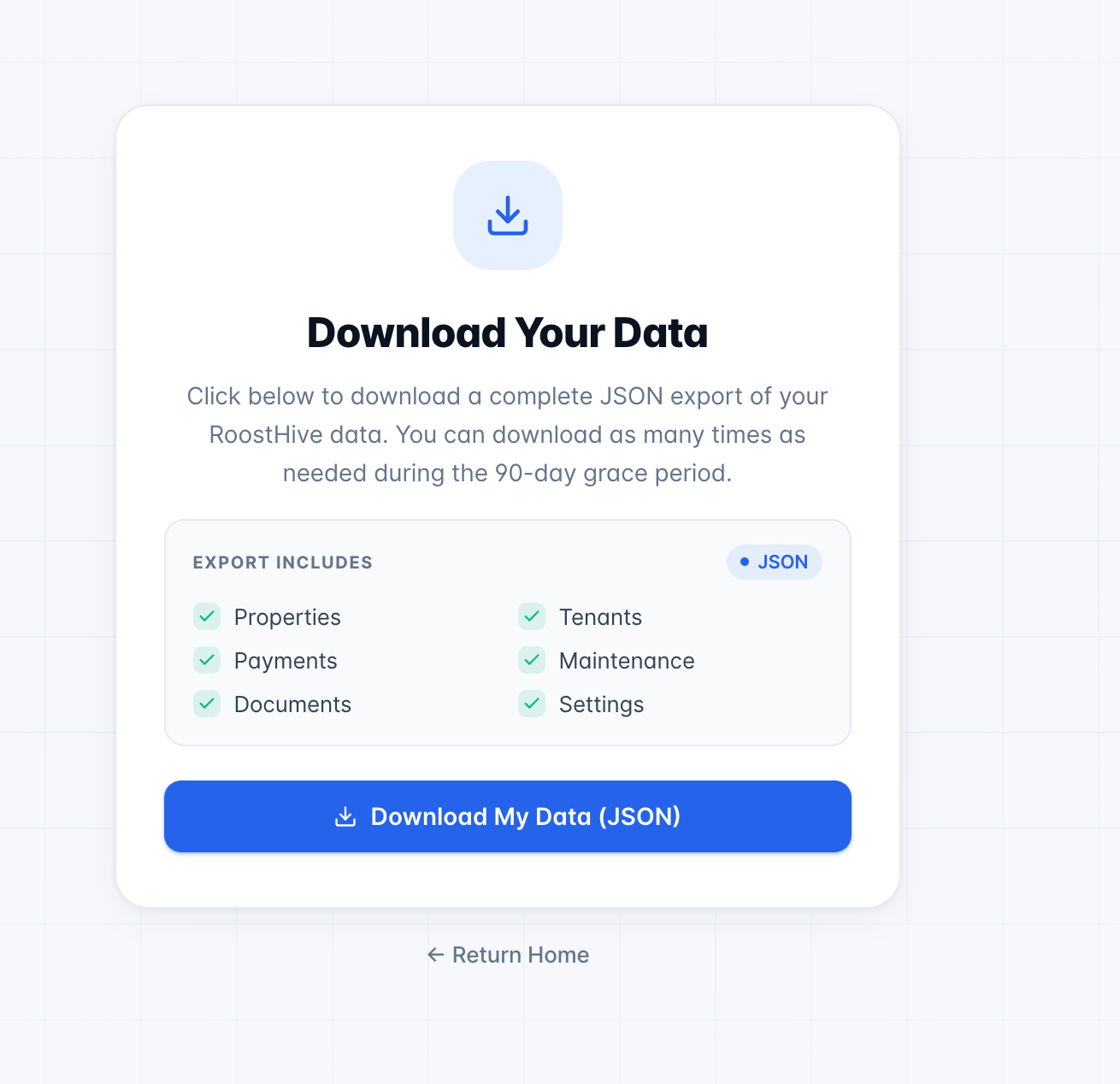 The Download Your Data screen showing a JSON export that includes properties, tenants, payments, maintenance, documents, and settings.