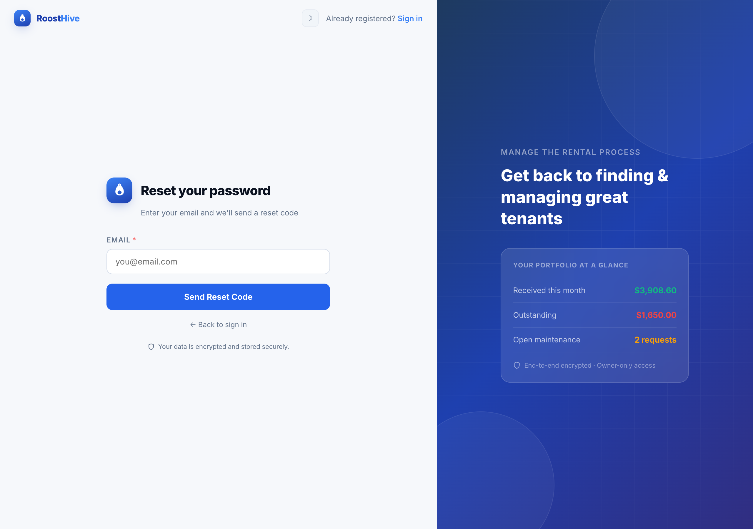 The Reset your password screen, where you enter your email to receive a reset code.