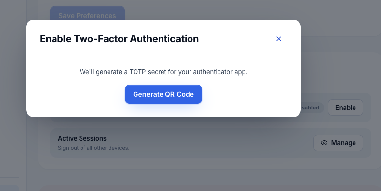 The Enable Two-Factor Authentication modal with a Generate QR Code button.