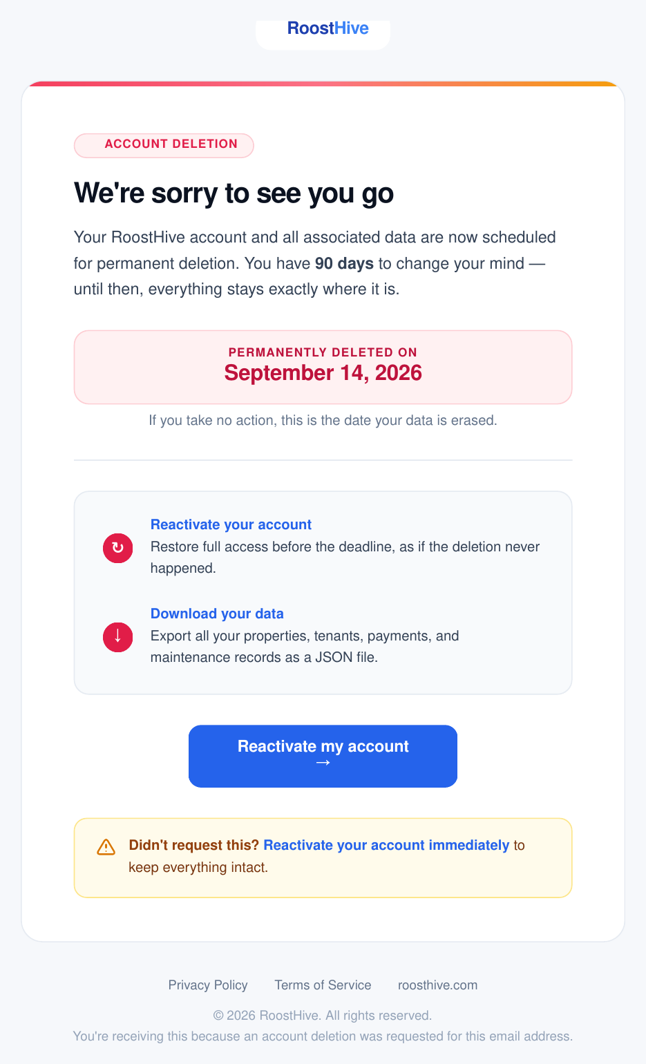 The account-deletion confirmation email showing the permanent-deletion date with Reactivate and Download your data links.
