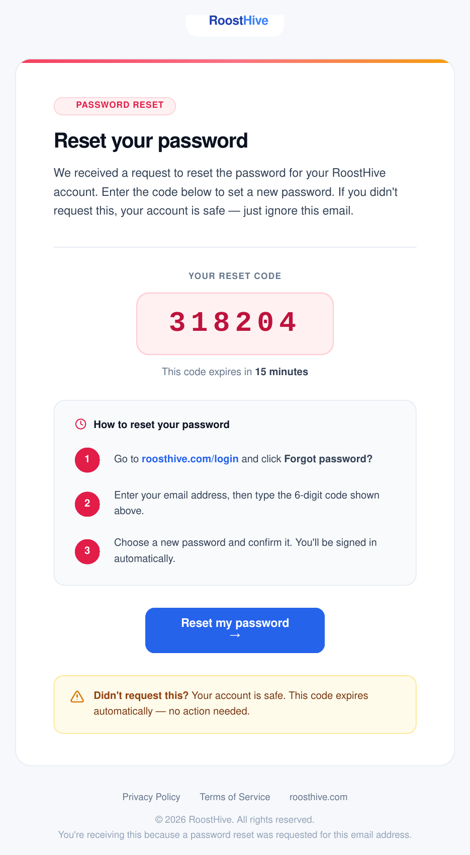 The 'Reset your RoostHive password' email showing the 6-digit reset code.