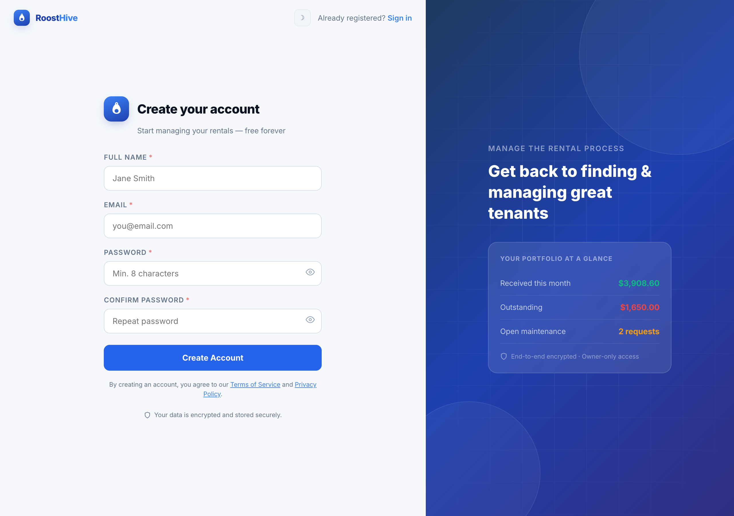 The RoostHive Create Account screen.