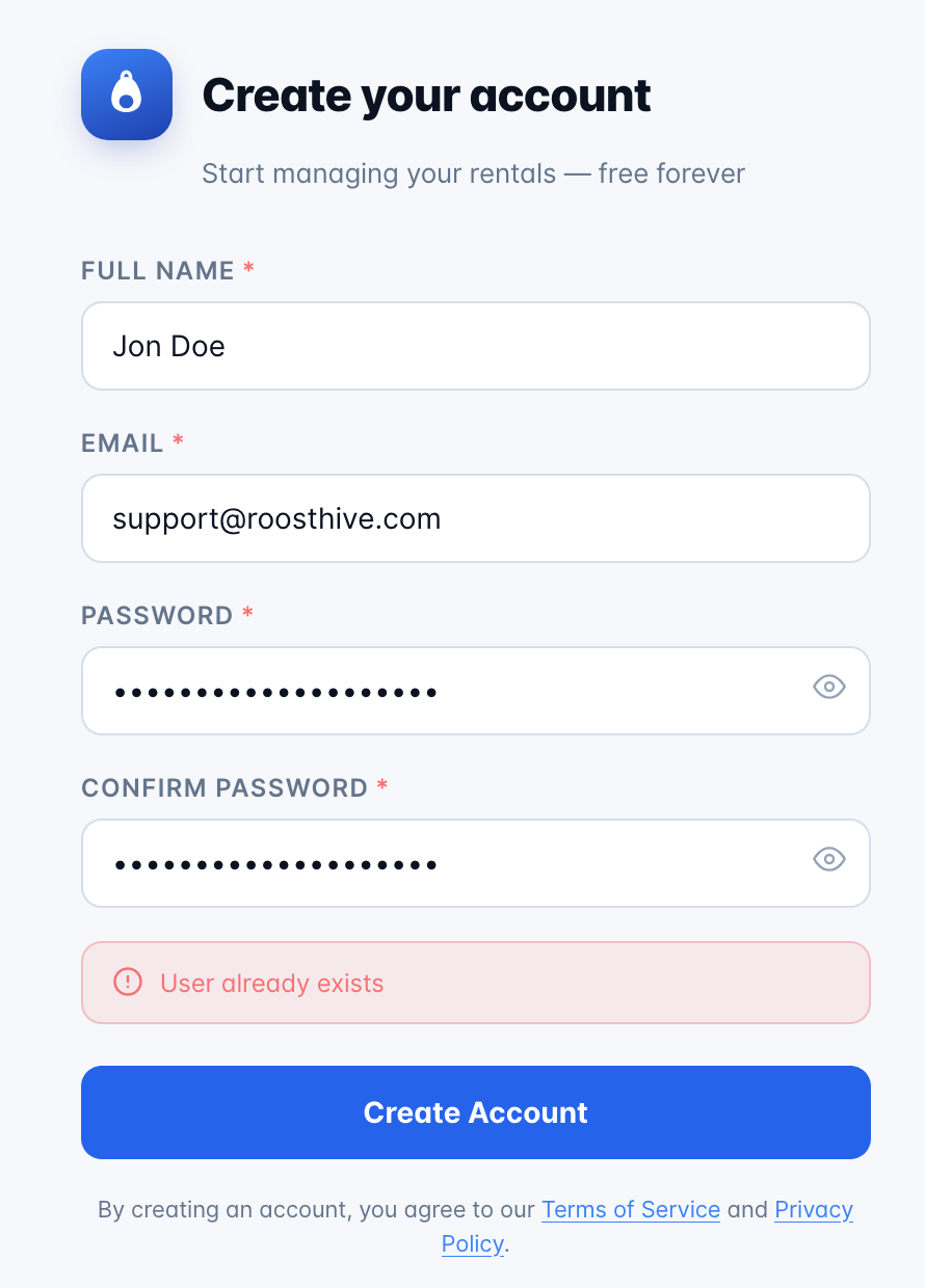 The Create your account screen showing a 'User already exists' error.