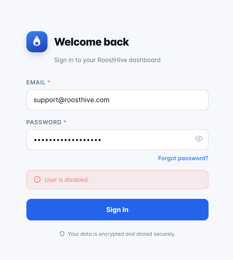 The sign-in screen showing a 'User is disabled' error for an account scheduled for deletion.