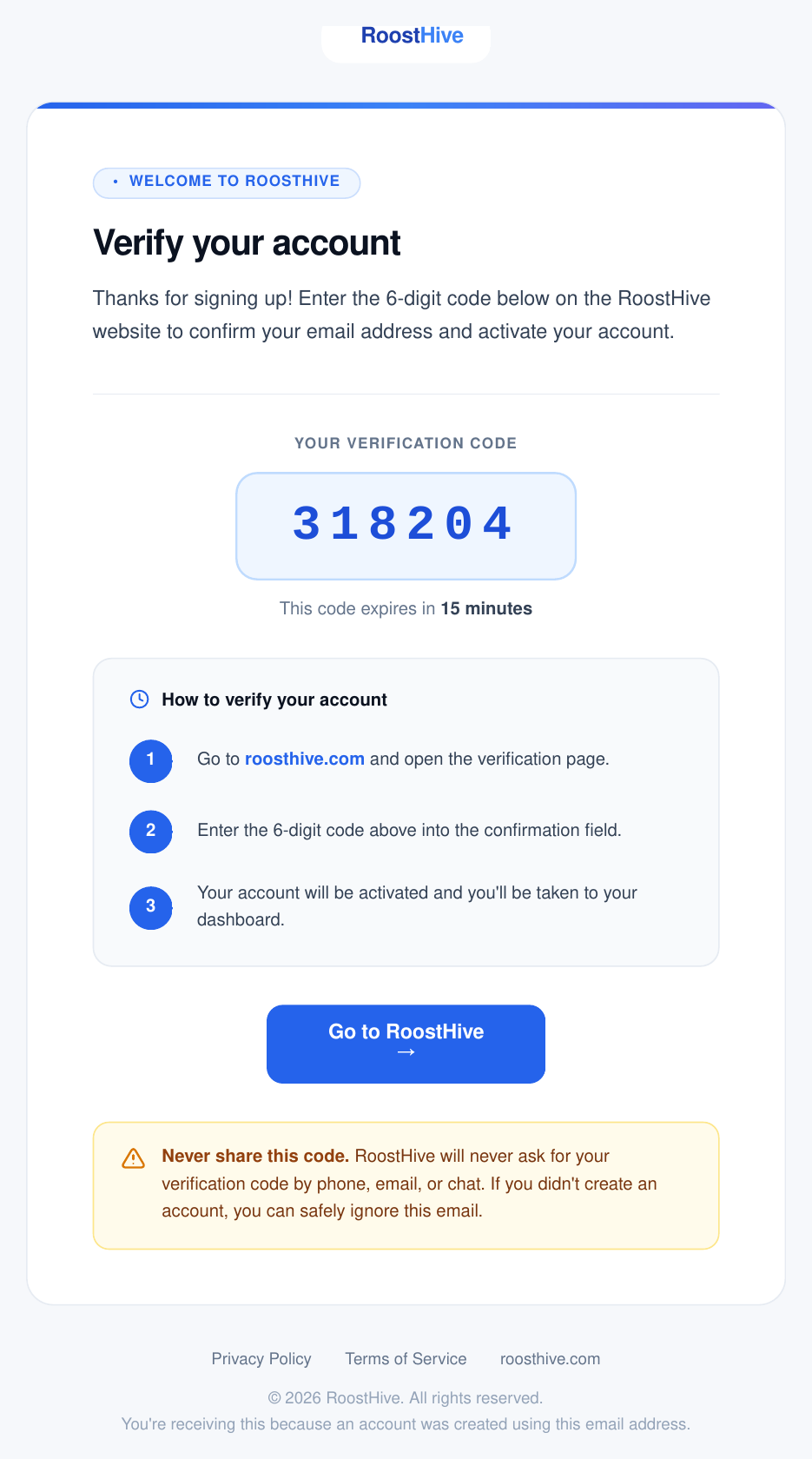 The 'Verify your RoostHive account' email showing the 6-digit verification code.
